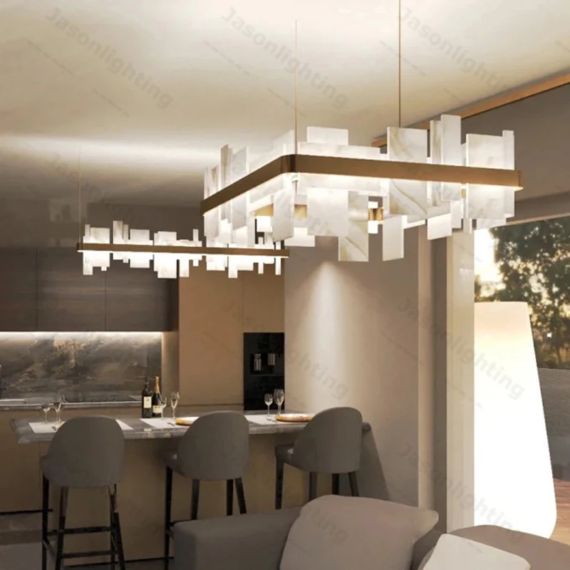 Home Deco Natural Marble Piece Designer Dimmable LED Chandelier Pendant Light Suspension Luminaire Lampen For Foyer Dinning Room