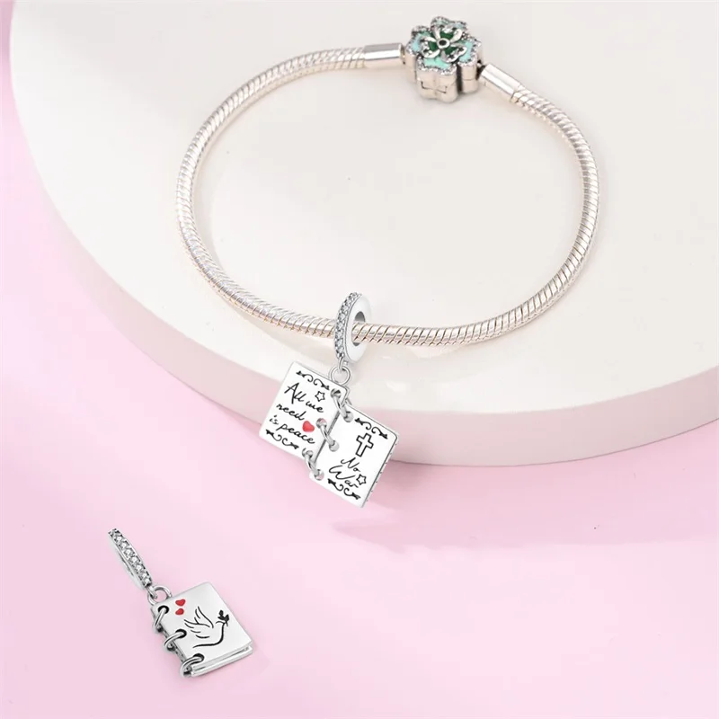 925 Sterling Silver Peace Book Charms Pendant Fit 3mm Original Bracelet DIY Women Exquisite Birthday Anniversary Jewelry Gifts