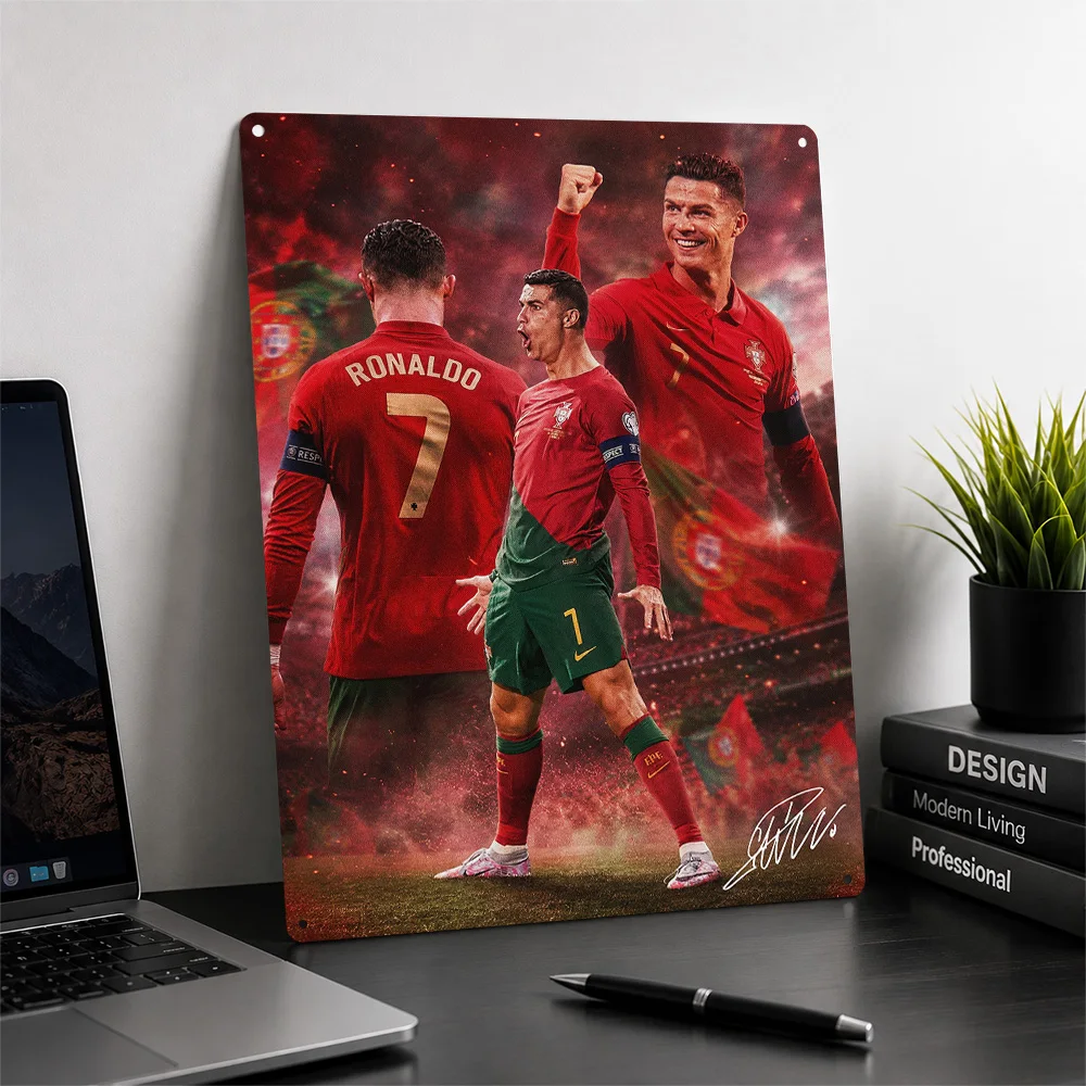 Cristiano Ronaldo in Portugal Jersey 3D Printed Texture Poster Personalized Wall Art Retro Metal Tin Signs for Room Ornaments