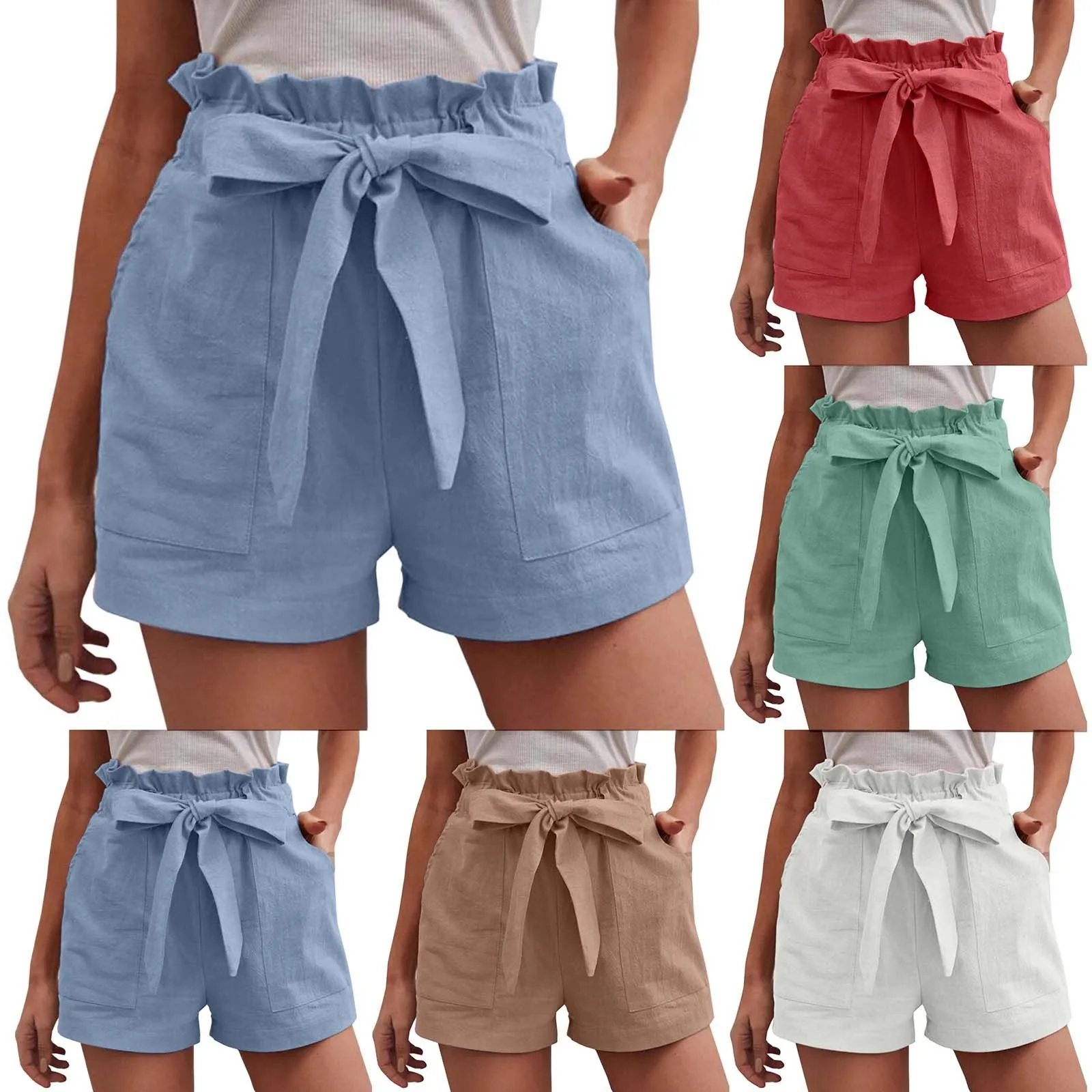 Stylish Solid Color Shorts For Women Summer Pocket Drawstring Casual Short Pants Female High Waist Lace Up Daily Short Pants