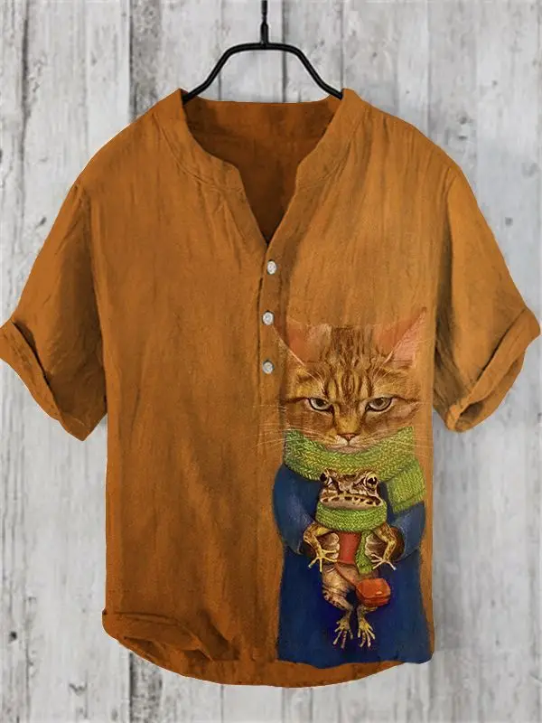 Summer Japanese style new art cute cat pattern printed men's short sleeved shirt linen comfortable fabric popular in Europe and