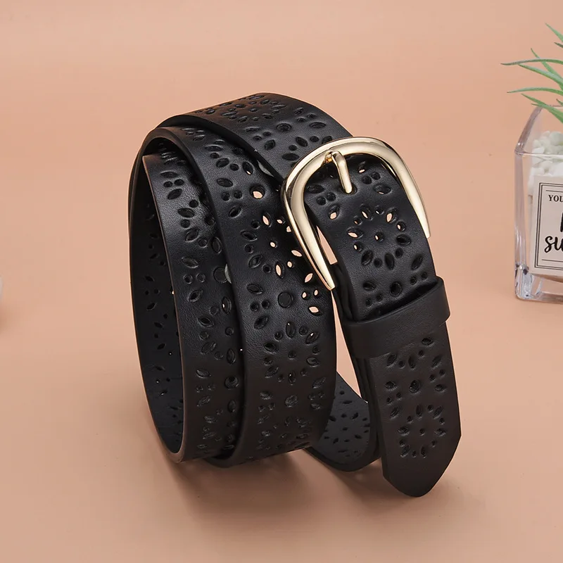 Black Soft Hollow Belt Women's New Versatile, Fashionable and Personalized PU Belt Luxury  Gothic Gürtel