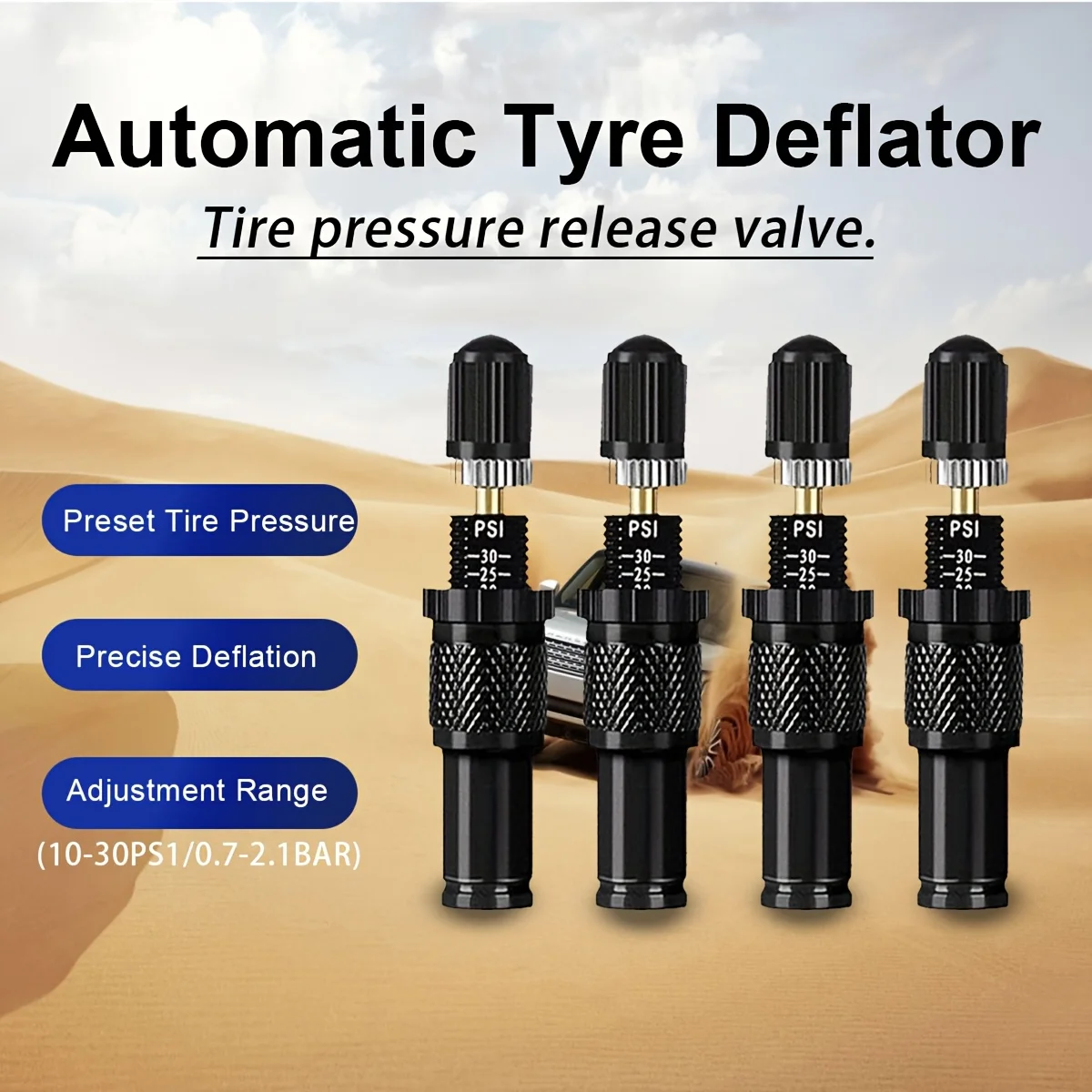4 Pcs Adjustable Tire Deflator Valves, Quick Air Release Auto-Stop Air Down Tool for Car, Motorbike & 4x4 Off-Road Vehicles