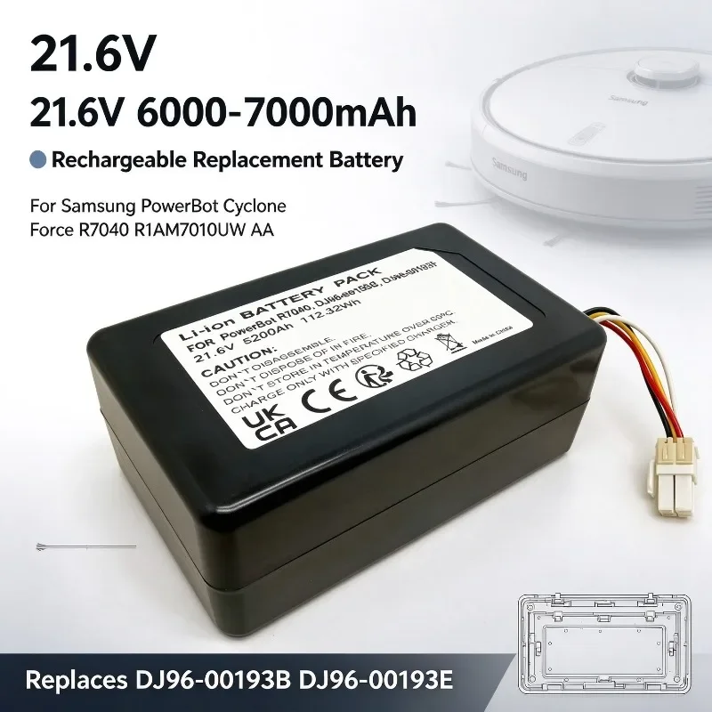 21.6V 6000-7000mAh Robot Vacuum Battery for Samsung PowerBot Cyclone Force R7040 R1AM7010UW AA, Replaces DJ96-00193B DJ96-00193E