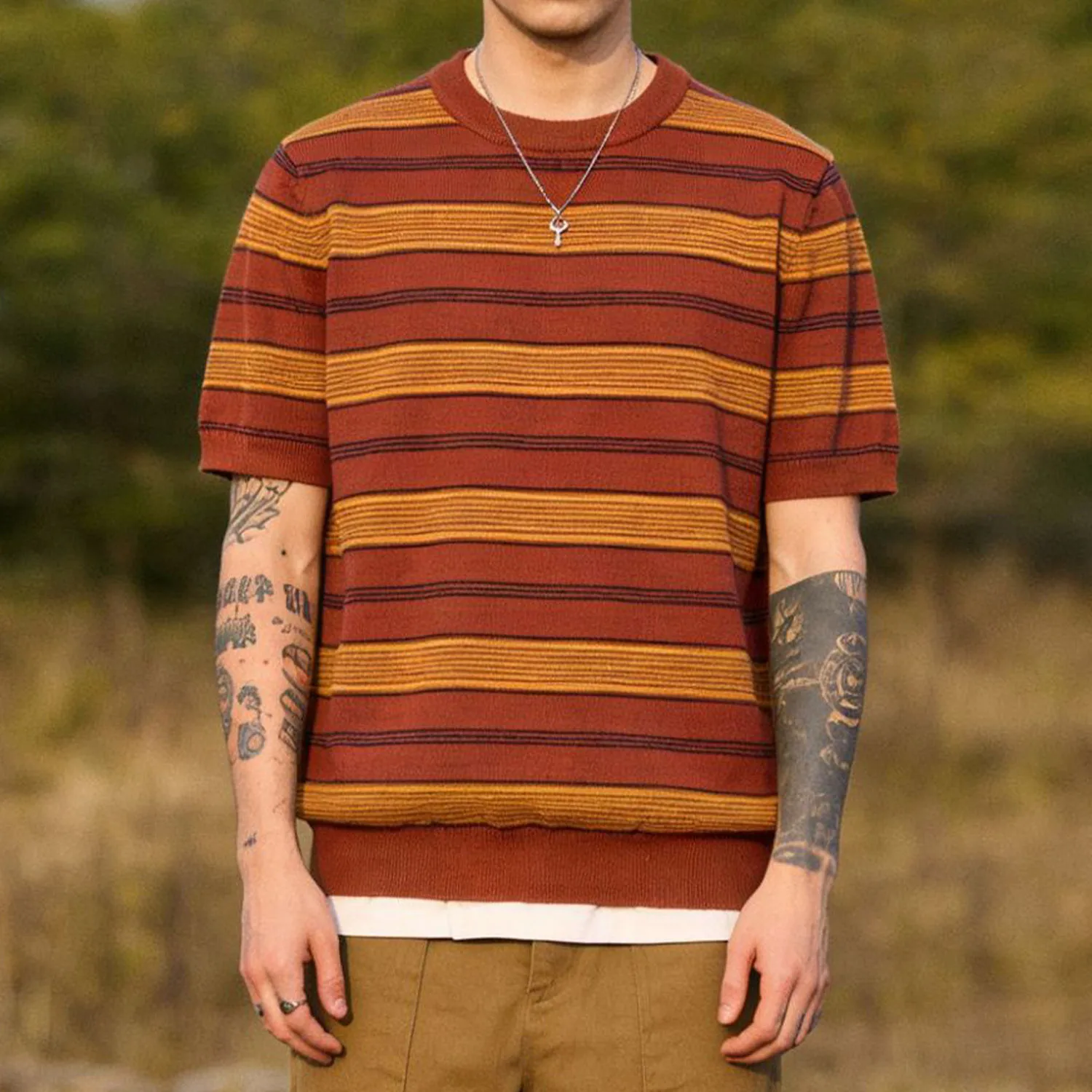 Male Shirts New Arrival Heavy Thick Knitted Striped Crew Neck T Shirt Fashion Retro Casual Daily Summer Street Outdoor Wear Tops