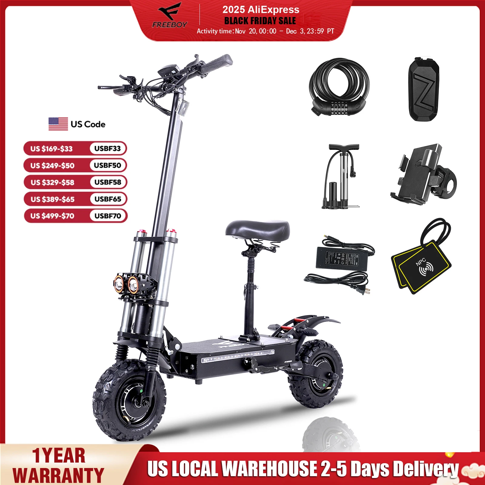 

FREEBOY 50Mph Fast Electric Scooter with Seat for Adults 6000W Powerful Dual Motor Dual Suspension Off-road Electric Scooter