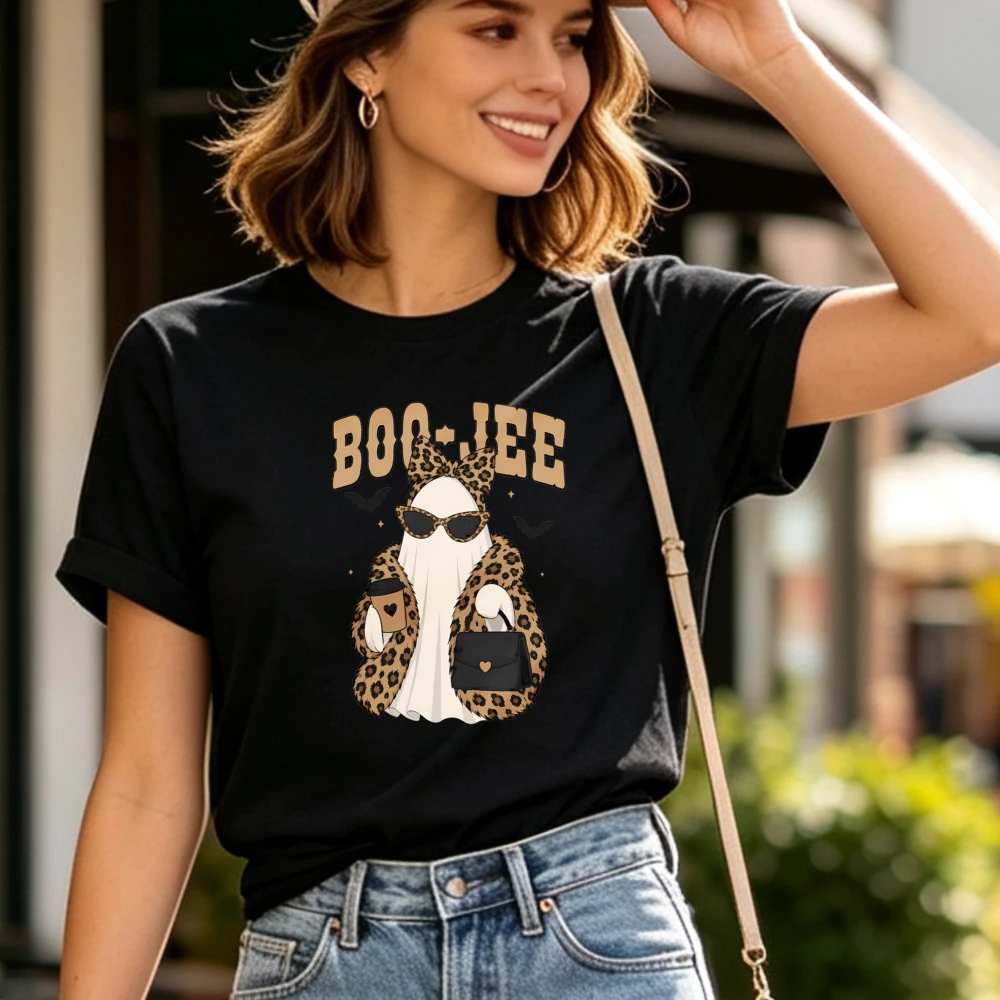 Boo Jee Leopard Ghost Graphic T Shirt Unisex Halloween Spooky Season Coffee Handbag Sunglasses Cute Ghost Short Sleeve Hot Tees