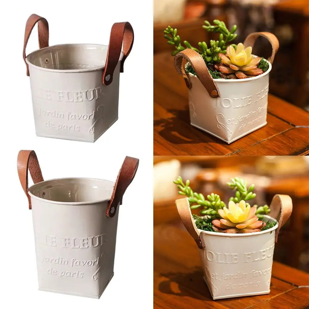 Creative White Iron Sheet Flowerpot Metal Leather Handle Box Planter Desktop Organization Yard Farmhouse Storage Basket