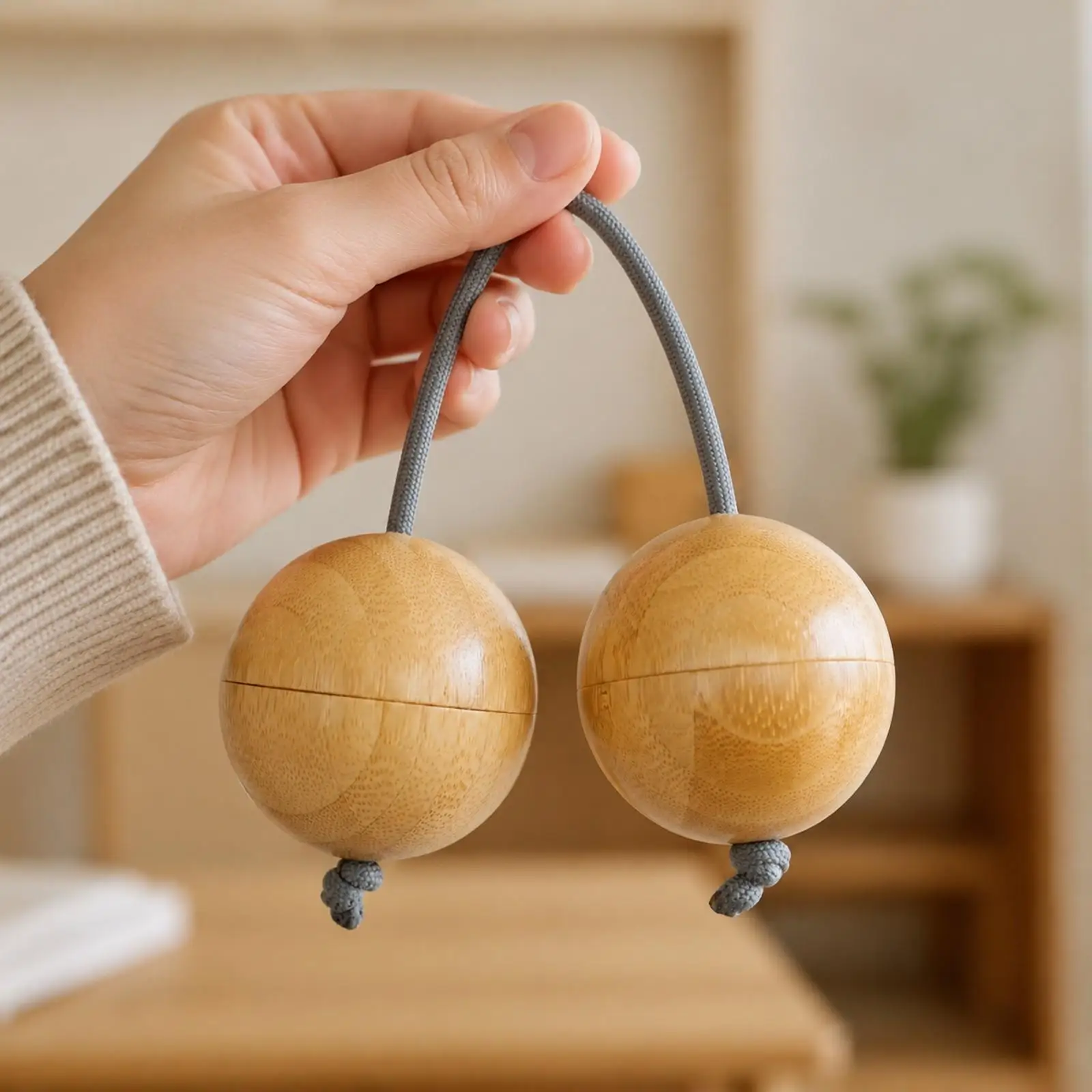Shaking Rhythm Instrument with Wooden Spheres Solid Wood Cord-Connected Wooden Rhythm Balls Tandem Ball Shaker Organic Sound