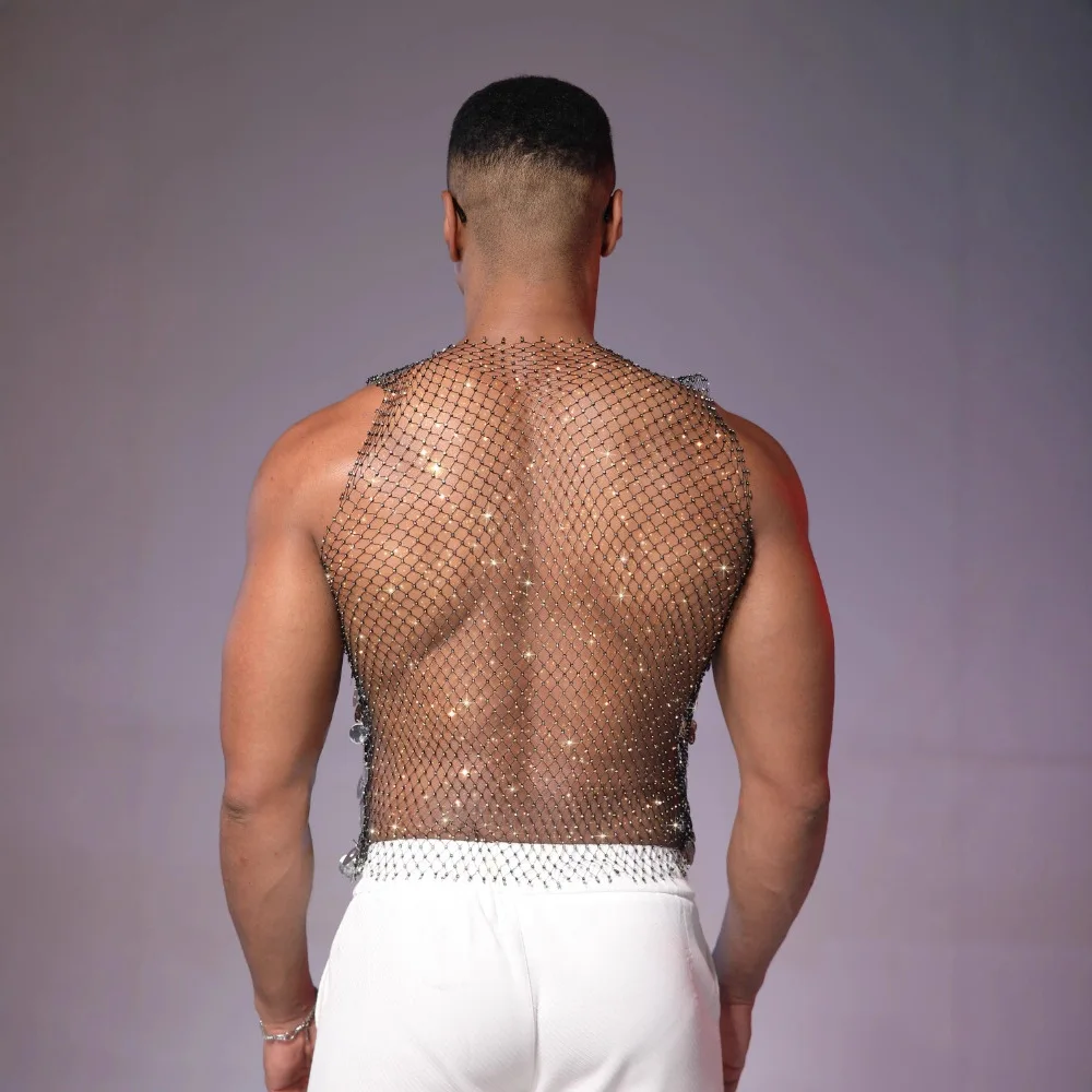 Men's Rhinestone Fishnet Mesh See-Through Tank Top Shiny Sequins Muscle Vest For Party Nightclub Glitter Rave Wear