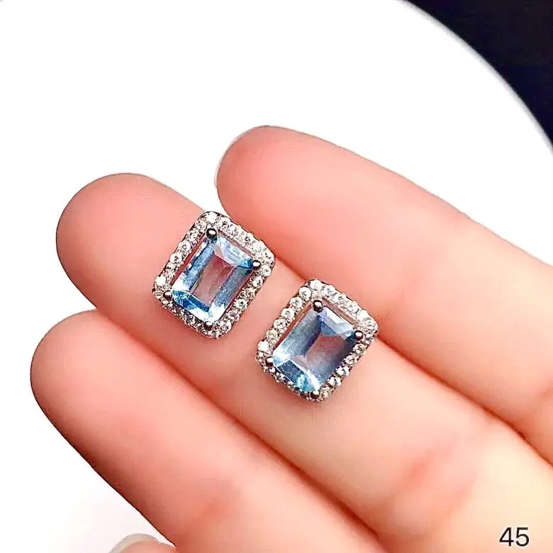 Luxury Sterling Silver Aquamarine Earrings for Wedding 5mm*7mm Natural Aquamarine Simple Sterling Silver Emerald Cut Earrings