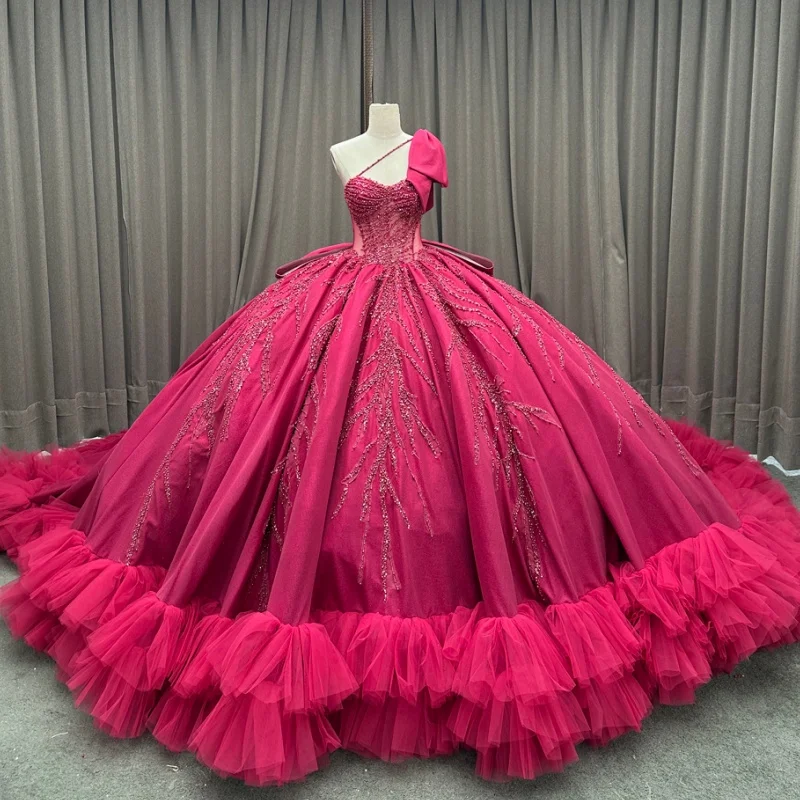 

Rose Pink Quinceanera Dress crystal glitter Decal Long tail Lace layering Big Bow Vestidos De 15 Quinceanera ﻿Customize