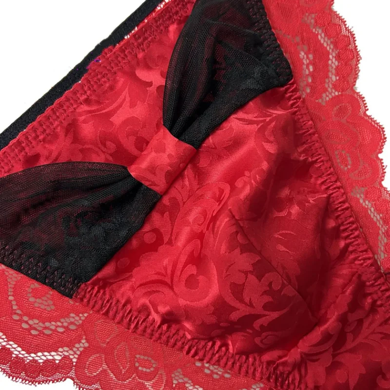 

Man's Bowtie Red Silk Brief Panties Lace Design Sissy Low Waist BF Gifts FKK Party Live Show Dance Costumes Harajuku Thai