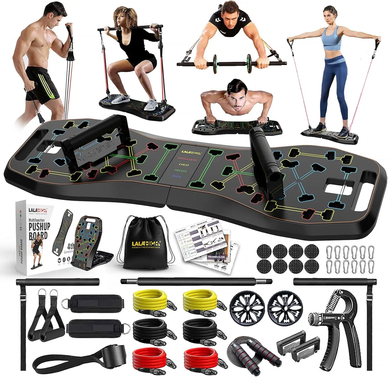 Portable Home Gym System: Large Compact Push Up Board, Pilates Bar & Fitness Accessories with Resistance Bands Ab Roller Wheel