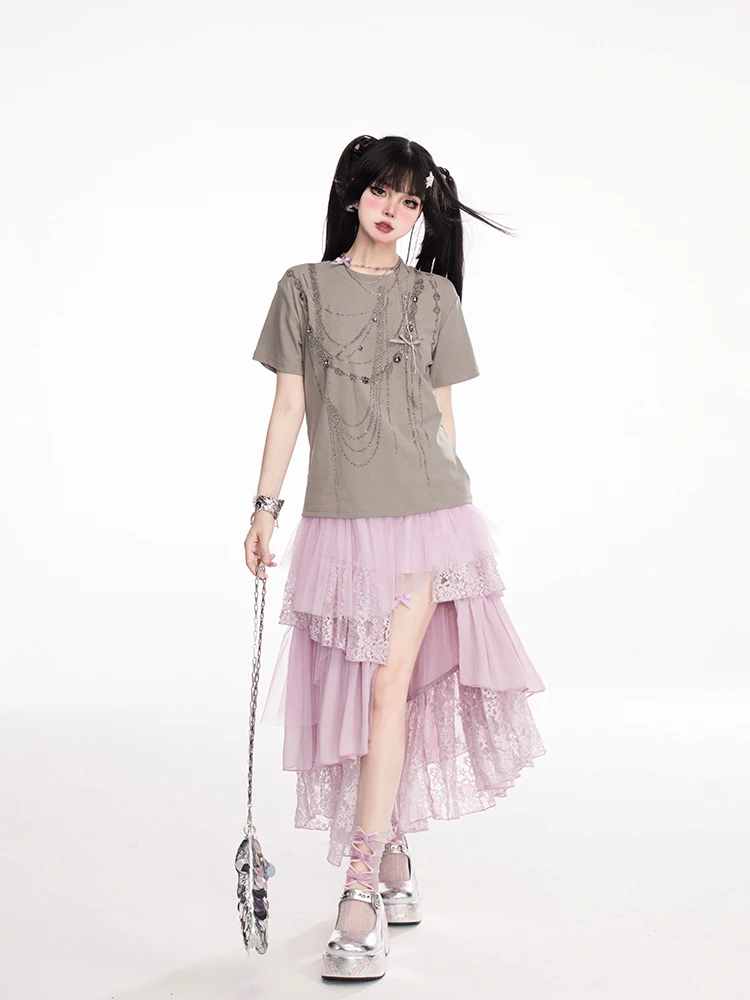 American Street Sweet Cool Girl Irregular Lace Skirts Elastic High Waist A-line Multi-layer Versatile Long Skirt Women Summer