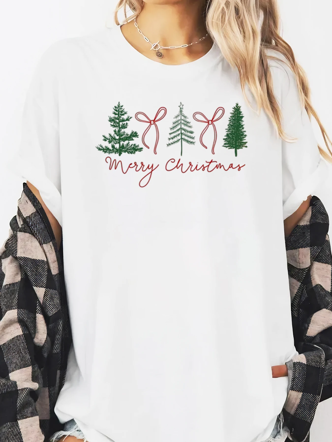 

Рождественская елка и бант с принтом Рождества, футболка с длинным рукавом, женская повседневная праздничная одежда, белая, больших размеров
