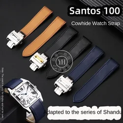 For Cartier Santos 100 Santos100 genuine leather watch strap Folding Buckle Watchband men women bracelet Brown Khaki 20mm 23mm