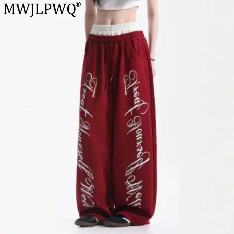 MWJLPWQ Color-Blocked Wide-Leg Pants Men's Hiphop Double Waistband Curved Design Trendy Streetwear Niched Style Trousers 21413