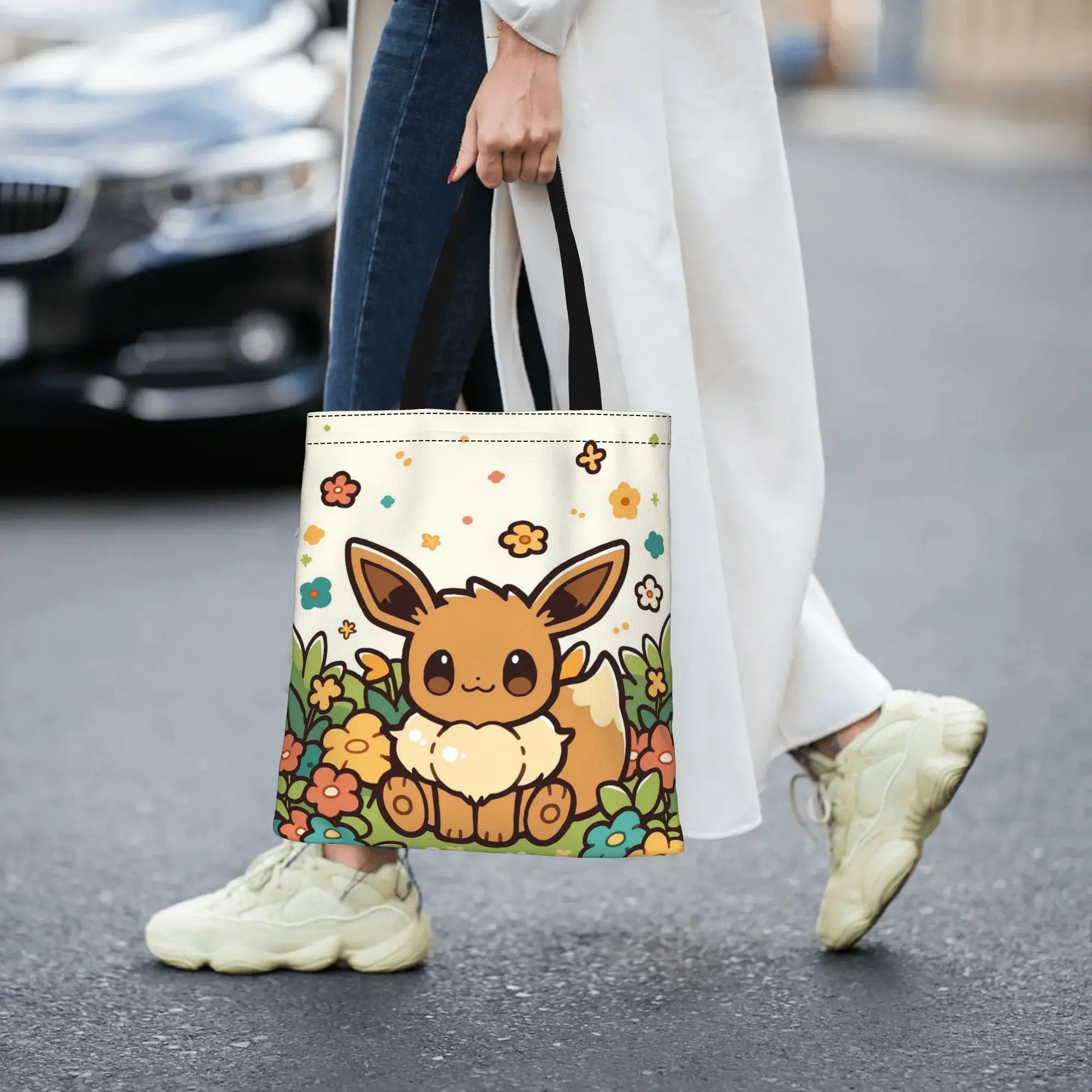 Customized pokemon Women's Bag Shopping Bag Reusable Double Sided Canvas Tote Bag Shoulder Eeveelution Handbag