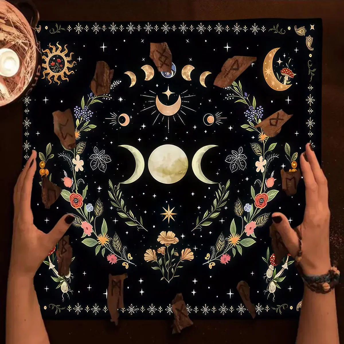 Triple Moon Floral Botanical Tarot Cloth Altar Tarot Tablecloth Spiritual Oracle Card Pad Moonlight Garden Witchery Tarot Mat