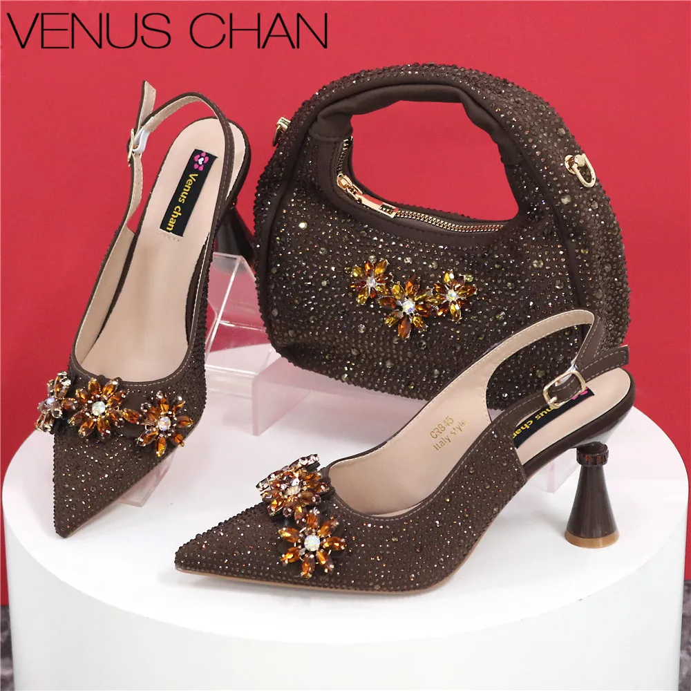 

Elegant Coffee Color Pointed Toe Newest Arrivals Women High Heels Sexy Ladies Shoes and Bag to Match Italian Pumps for Wedding
