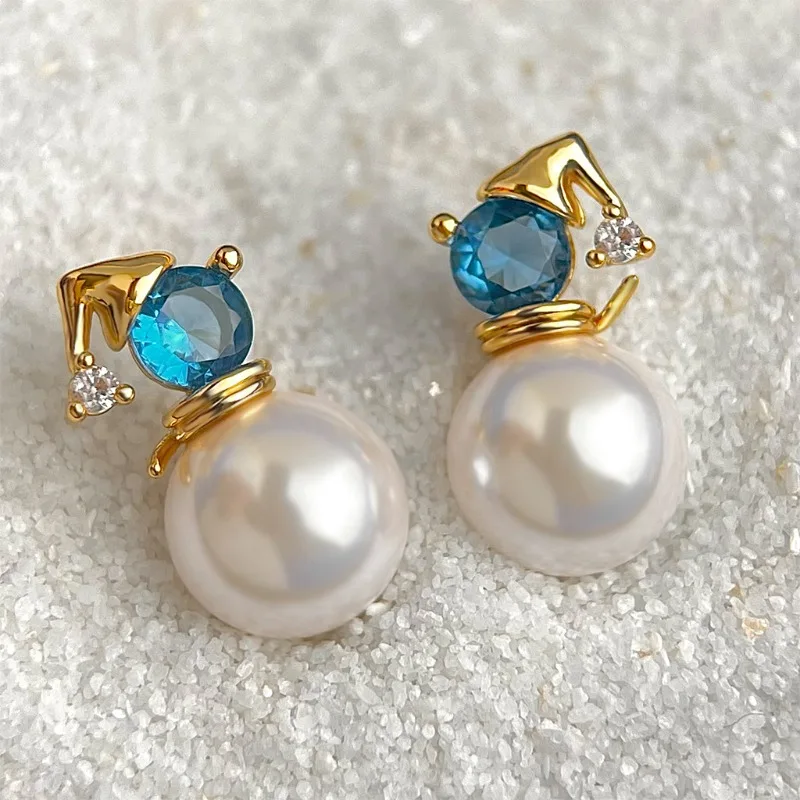 

Christmas Collection Snowman Ear Studs Original Ocean Blue Zircon Pearl Light Luxury Sweet Ear Pins & Clip-on