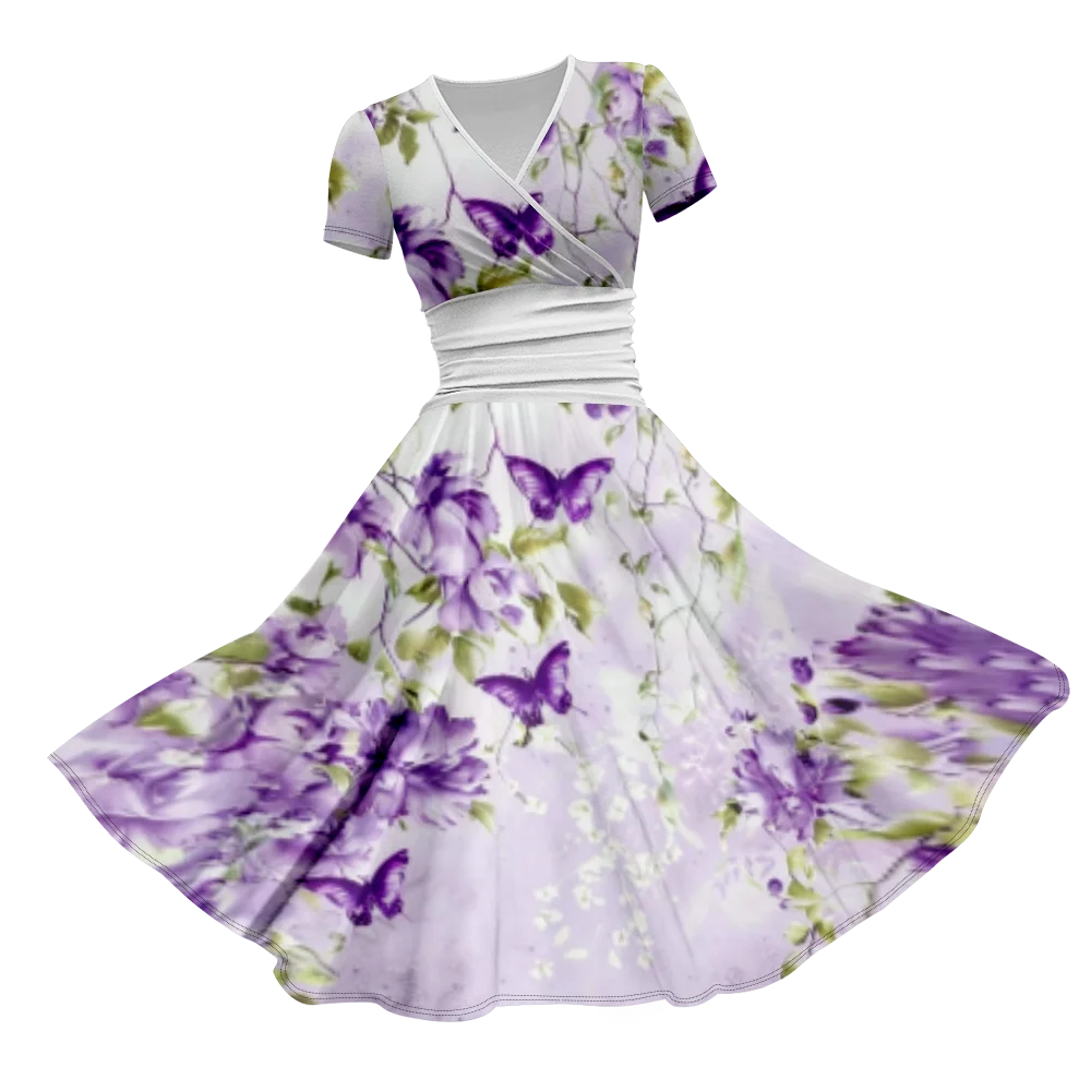 Brilliant Purple Elegance Field Floral Print Elegant Dresses Short Sleeve V-Neck High Waist Swing Dance Party Dress