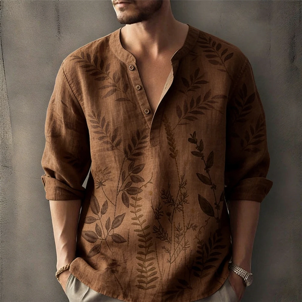 Men's Linen Long-Sleeved Lapel V-Neck Shirt Natural Plant High-Definition 3D Printed Shirt Hawaiian Vacation Social Men's Wear