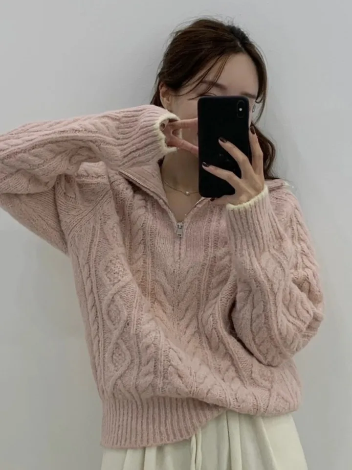 

Chic Autumn Winter Thiened Warm Knitted Sweater Women Loose Fit f Open Collar Sweater Sweet Aosphere Flax Pattern Knit...