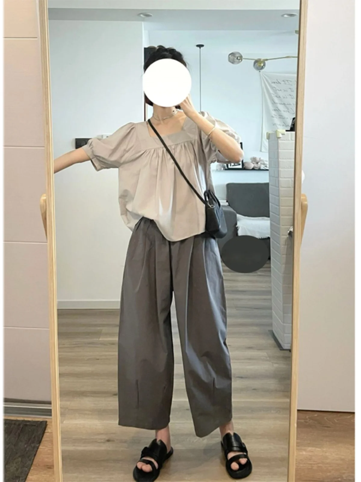 

Новая женская повседневная свободная блузка с коротким рукавом-фонариком и квадратным вырезом, эффект стройности, лето 2025