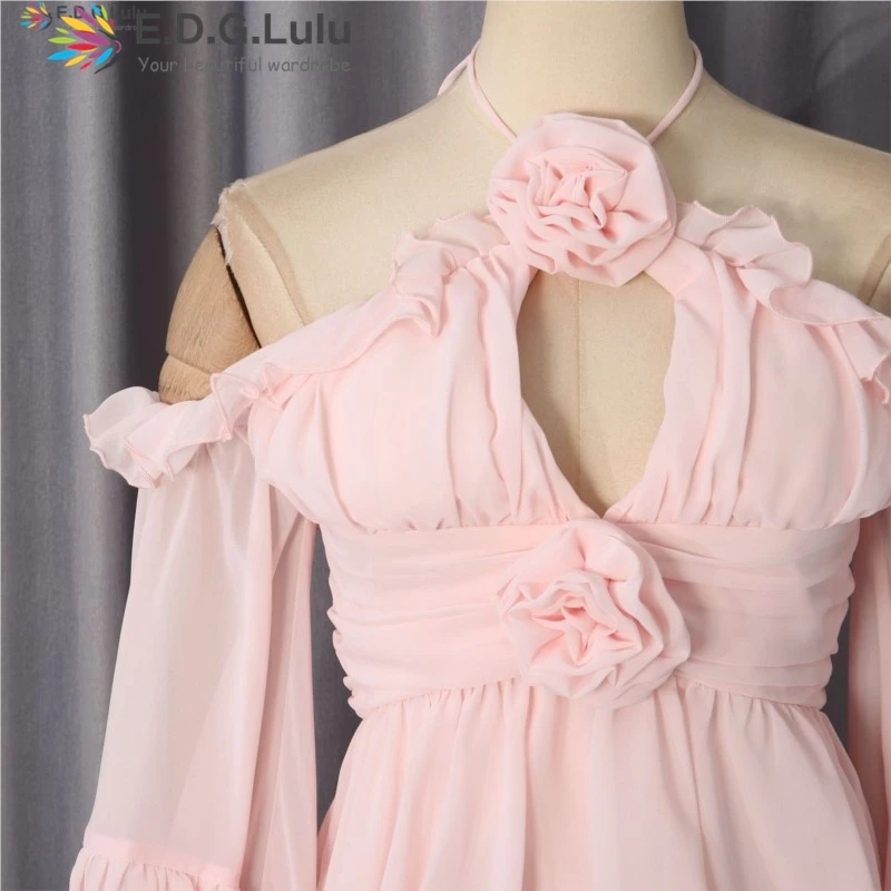 EDGLuLu 2 Pieces Set For Woman 3D Flower Splicing Off Shoulder Long Sleeved Top+High Waisted Long Skirt Pink Suit 0711