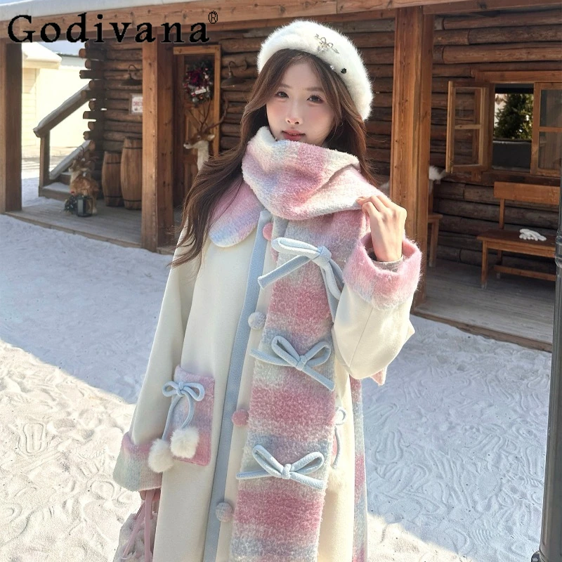 

Winter Sweet Style Thickened Woolen Coat for Women Long Pink Woolen Overcoat Female Japanese Sweet Pink White Wool Coat