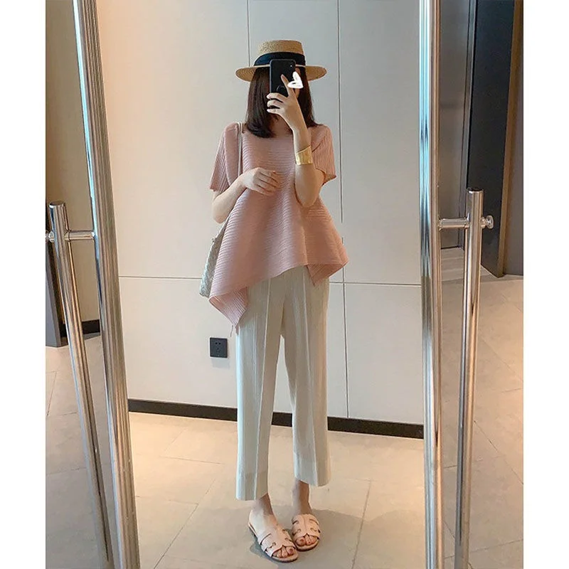 

Женская свободная футболка с коротким рукавом, плиссированная, асимметричная, летняя, модная, повседневная, средней длины