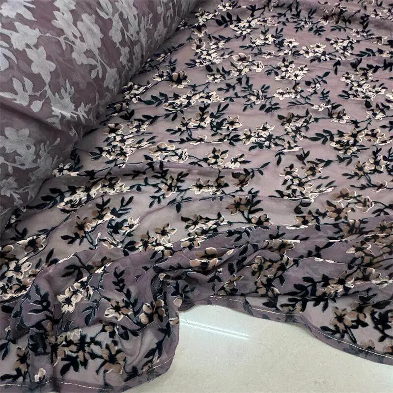Fashion Silk Etched-out Velvet Fabric Silk Bottom Cotton Velvet Slight See-through Shirts Dress Cheongsam Clothing Fabric