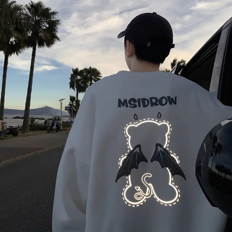 Übergroßer, lockerer, reflektierender Bären-Hoodie für Damen, lässig, bequem, Baumwollmischung, Long Sve, rundes, bedrucktes Sweatshirt