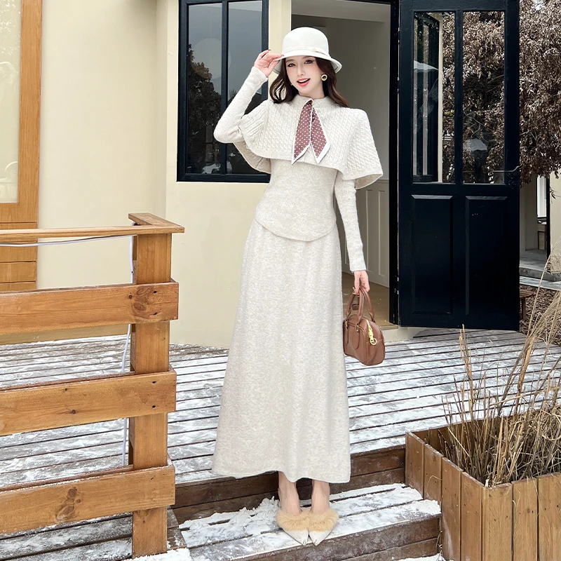 

Корейский стиль: вязаное платье-свитер с высокой талией и длинной юбкой, комплект из двух предметов, зимний модный женский ансамбль в стиле богини