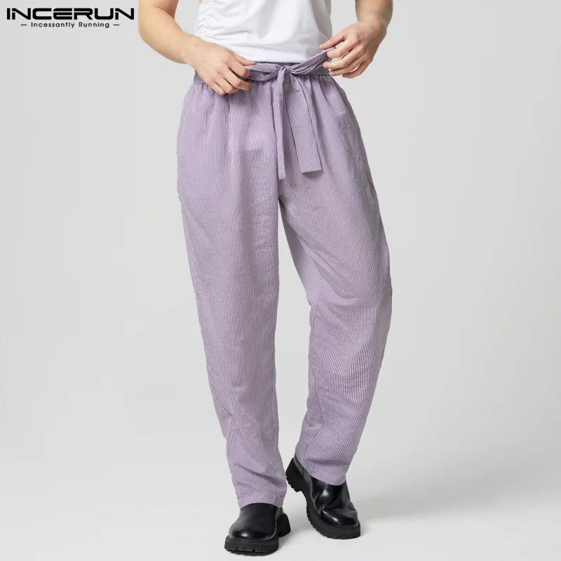 INCERUN 2025 American Style Pantalons Stylish New Men Sexy Texture See-through Strap Pants Casual City Walk Solid Trousers S-5XL