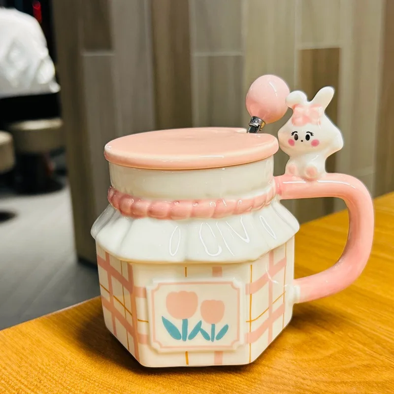 

Rabbit Couple Tulip Cup Souvenir Birthday Gift Girls Office Water Cup Ceramic Mug with Lid