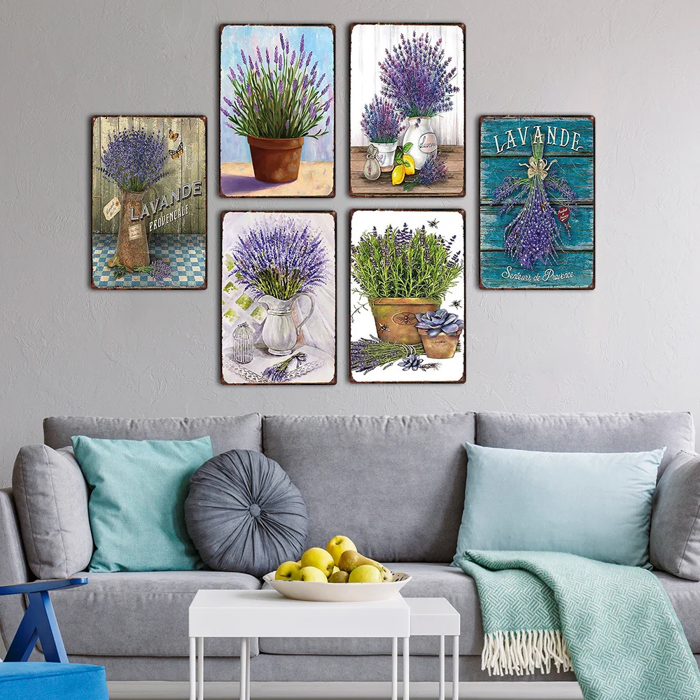 Lavender Metal Plate Flower Farmhouse Tin Signs Plaque Vintage Wall Art Poster Home Garden Decor 20x30cm
