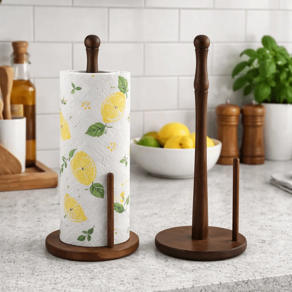 

Freestanding Wooden Paper Towel Holder Stable Space Saving Vertical Tissue Stand Anti-Skid Roll Towel Stand for Kitchen