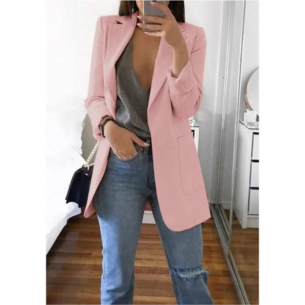 Blazer feminino jaquetas primavera outono casual plus size moda básica entalhado fino sólidos casacos senhoras de escritório outwearchic