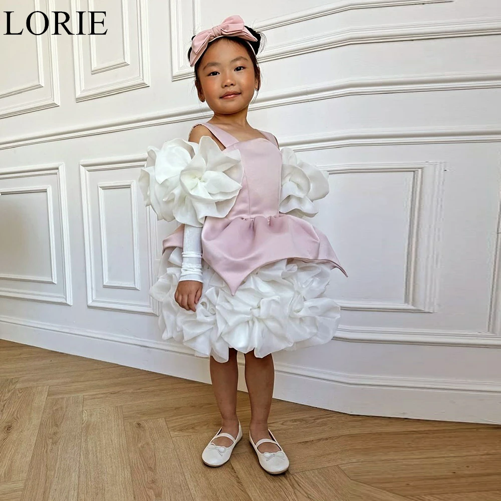 LORIE Pink Cute Flower Girl Dress Ball Gown Square Neck Ruffles Flowers Wedding Party Dress 2024 Birthday Party Dress Customized