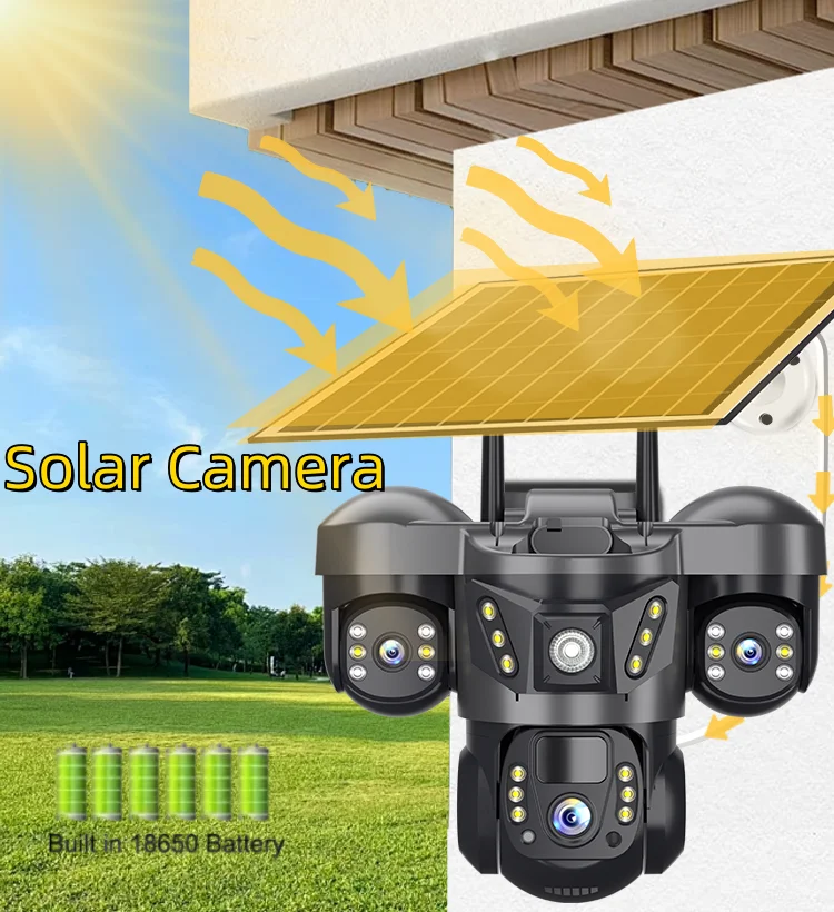 Solar Camera 4G Sim Card 15MP Outdoor 3 Lens 3 Screen PIR Human Detect Network IP Cameras Night Vision CCTV Security Protection