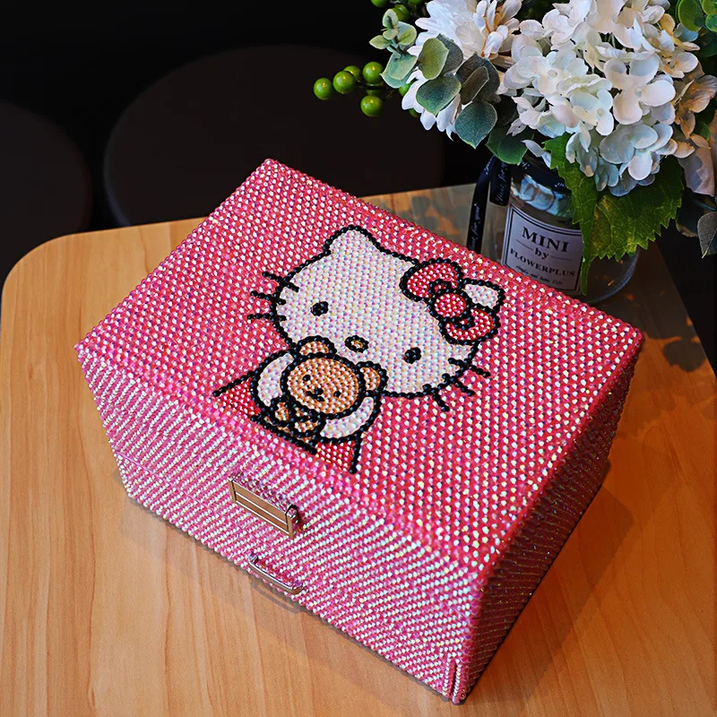 

Kawaii Sanrio Hobby Hello Kitty Cartoon Girl Home Handmade Multi-Layer Jewelry Box with Diamonds Give Gifts To Girlfriend