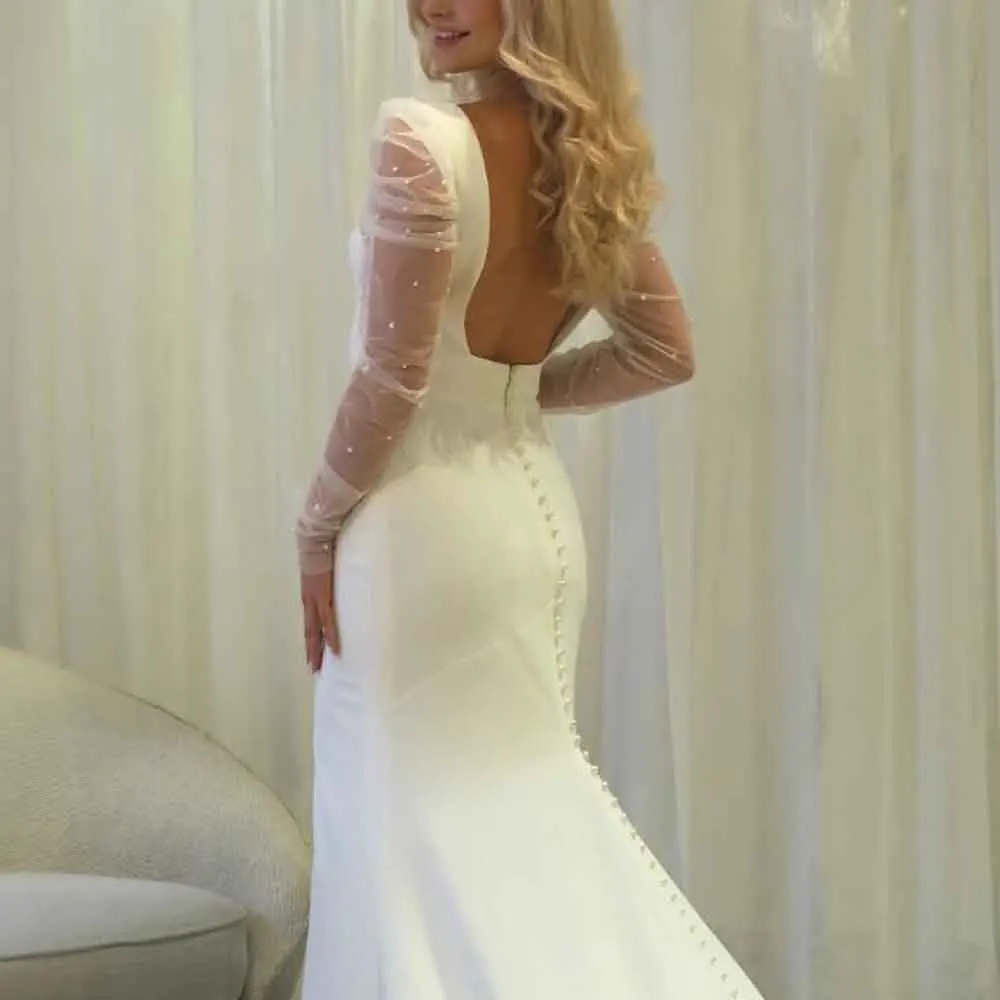 تخصيص الكمثرى شبكة كم فستان الزفاف ساحة الرقبة عارية الذراعين ثوب العروس الساتان قطار الاجتياح vestidos de novial