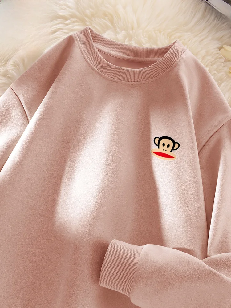 

Large Mouth Monkey Suede Sweatirt ex Spring Autumn Faion Urban Sle Long Sve round Ne Printed Coat