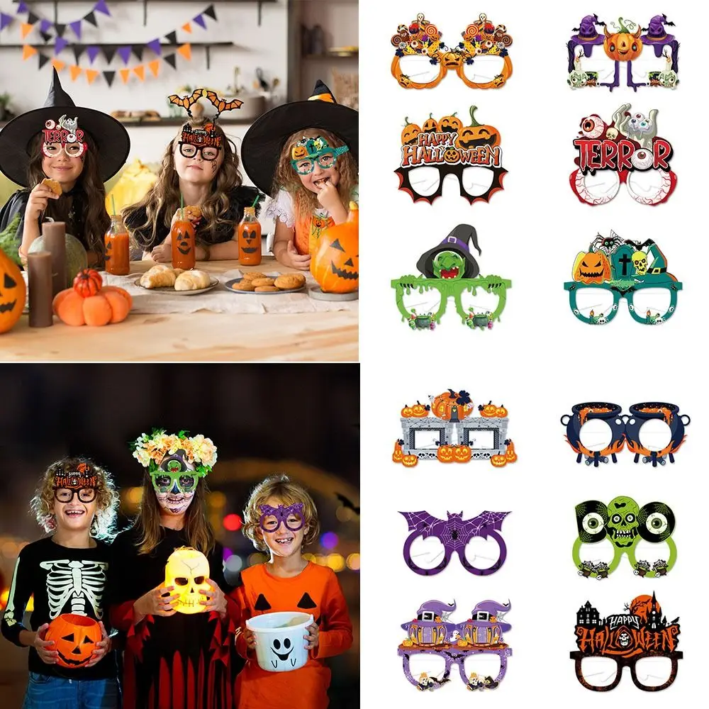 6pcs Creative Bats Halloween Funny Glasses Pumpkin Paper Ghost Paper Glasses Witch Hat Cosplay Props Pumpkin Glasses Children