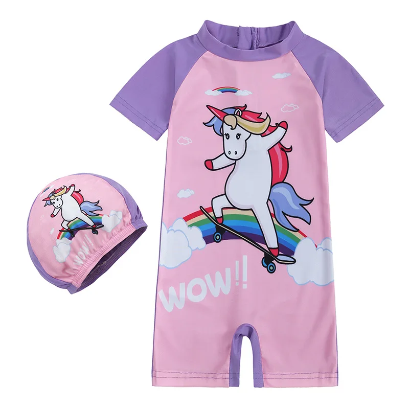 2pcs/set Girls 1-8Y One Piece Swim Suit for Baby Infant Toddler Swim Surf Wear Children Kids Rainbow Unicorn Print With Cap