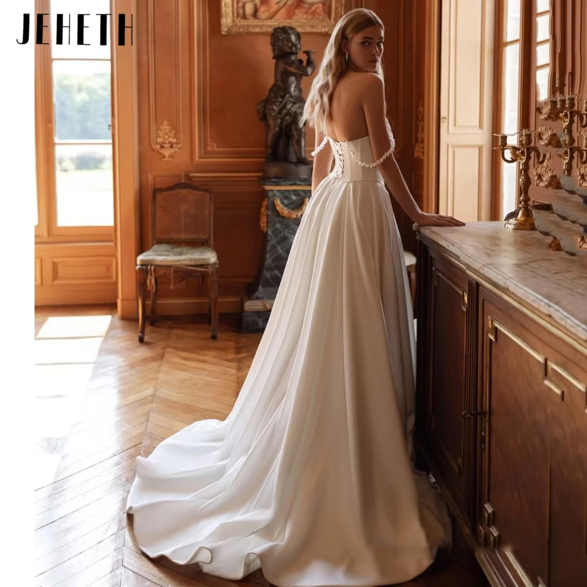 

JEHETH Classic Wedding Dress Elegant Off Shoulder Bride Dress Pearl Split A-Line Lace Up Bridal Gown Vestido De Novia Customized