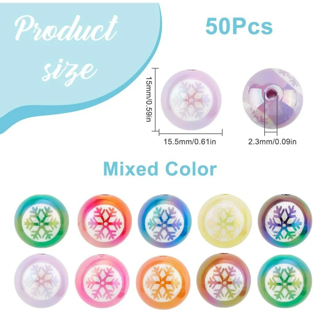 50개 눈송이 모양 원형 비즈 16mm 겨울 비즈 대량 아크릴 컬러 볼 버블껌 껌볼 눈송이 프린트 펜 비즈